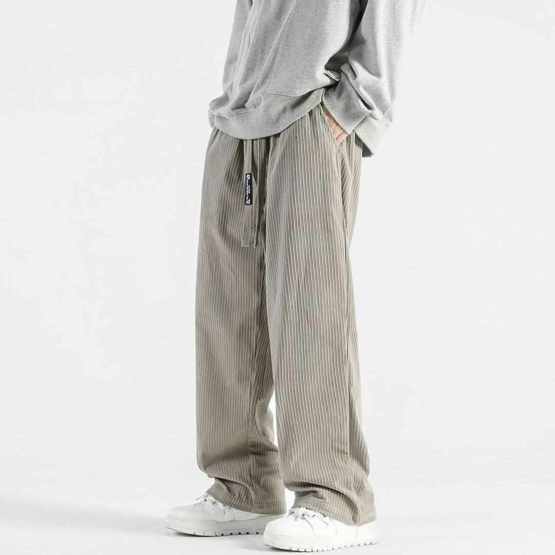 Men's Wide-Leg Striped Drawstring Chino Pants - Gray