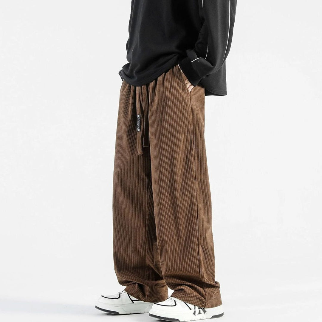 Men's Wide-Leg Striped Drawstring Chino Pants - Brown