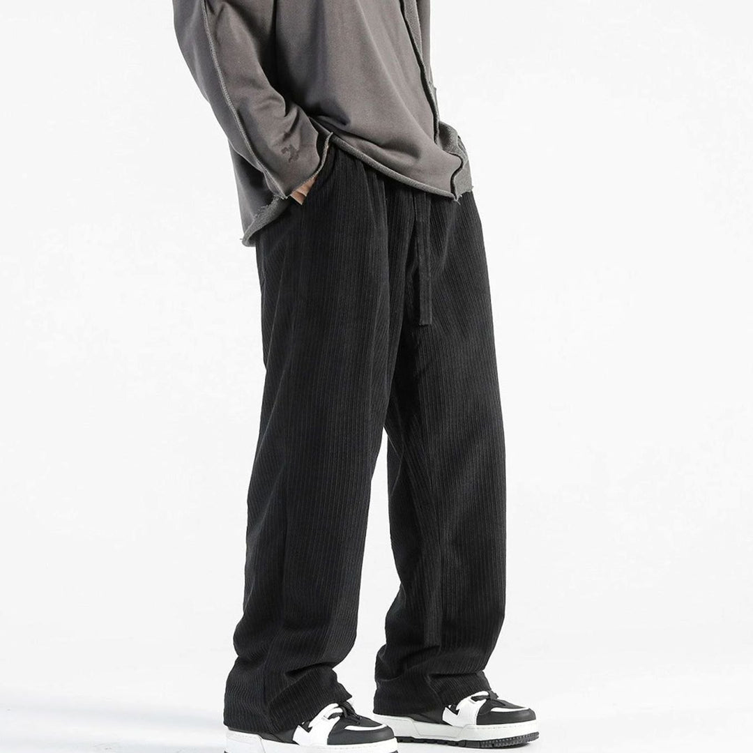 Men's Wide-Leg Striped Drawstring Chino Pants - Black