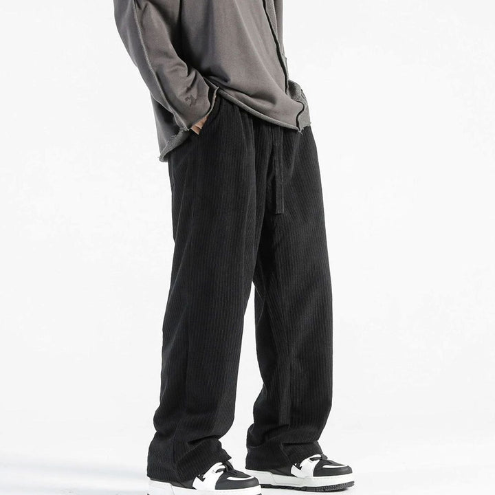 Men's Wide-Leg Striped Drawstring Chino Pants - Black