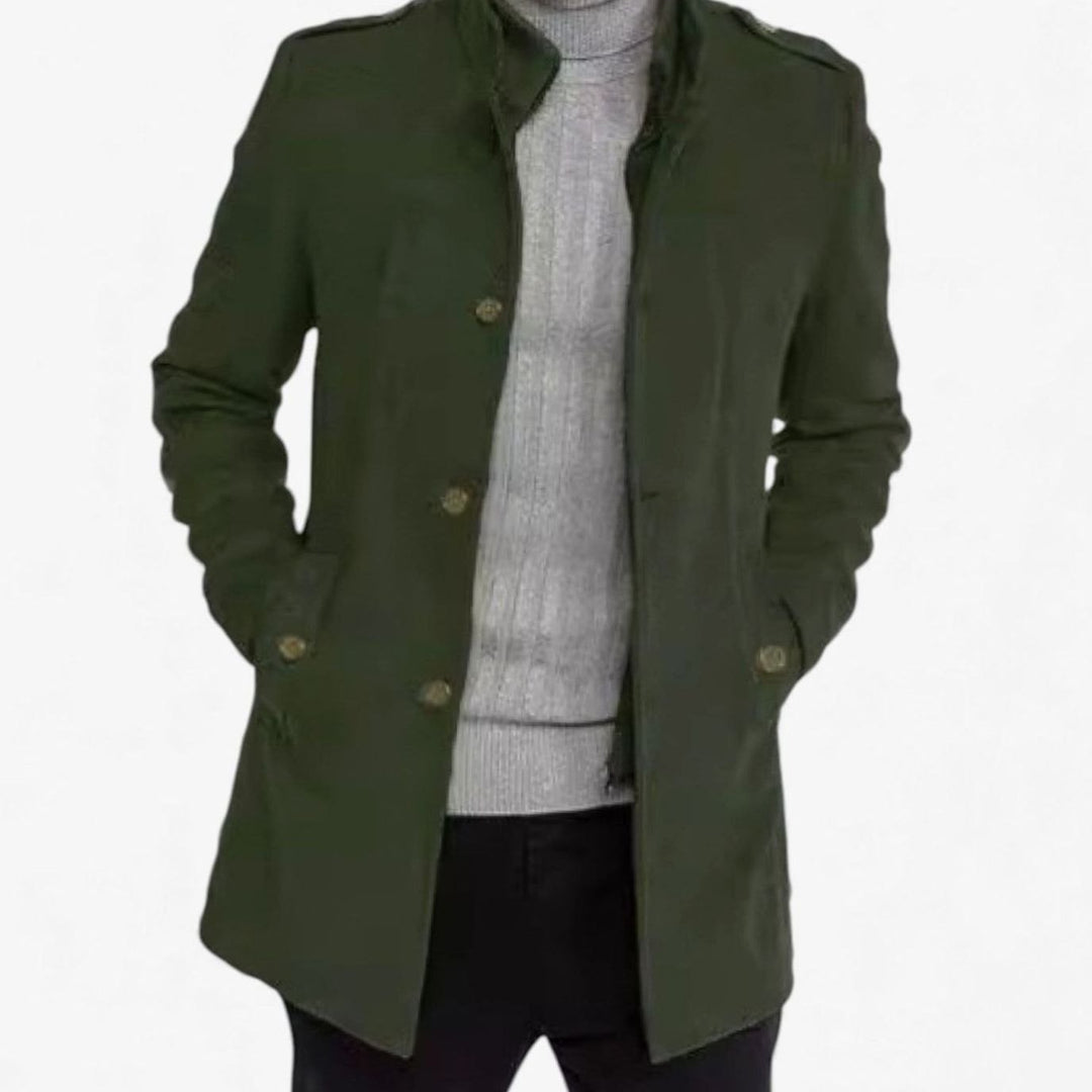 Men's Wool Mid-Length Military-Button Overcoat, Olive Green - Green