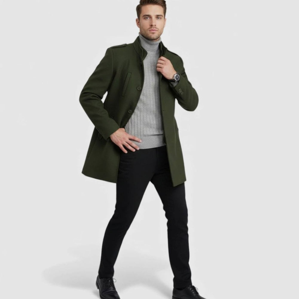 Men's Wool Mid-Length Military-Button Overcoat, Olive Green