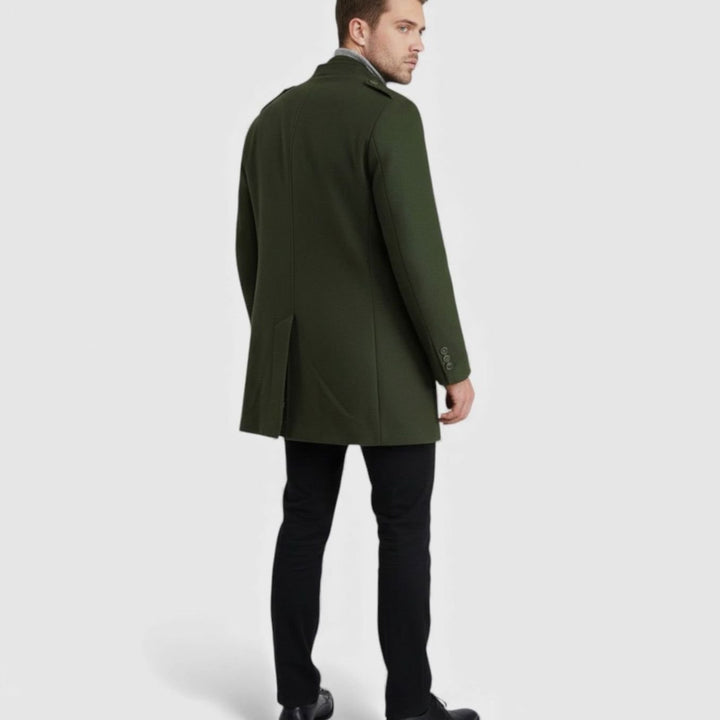 Men's Wool Mid-Length Military-Button Overcoat, Olive Green