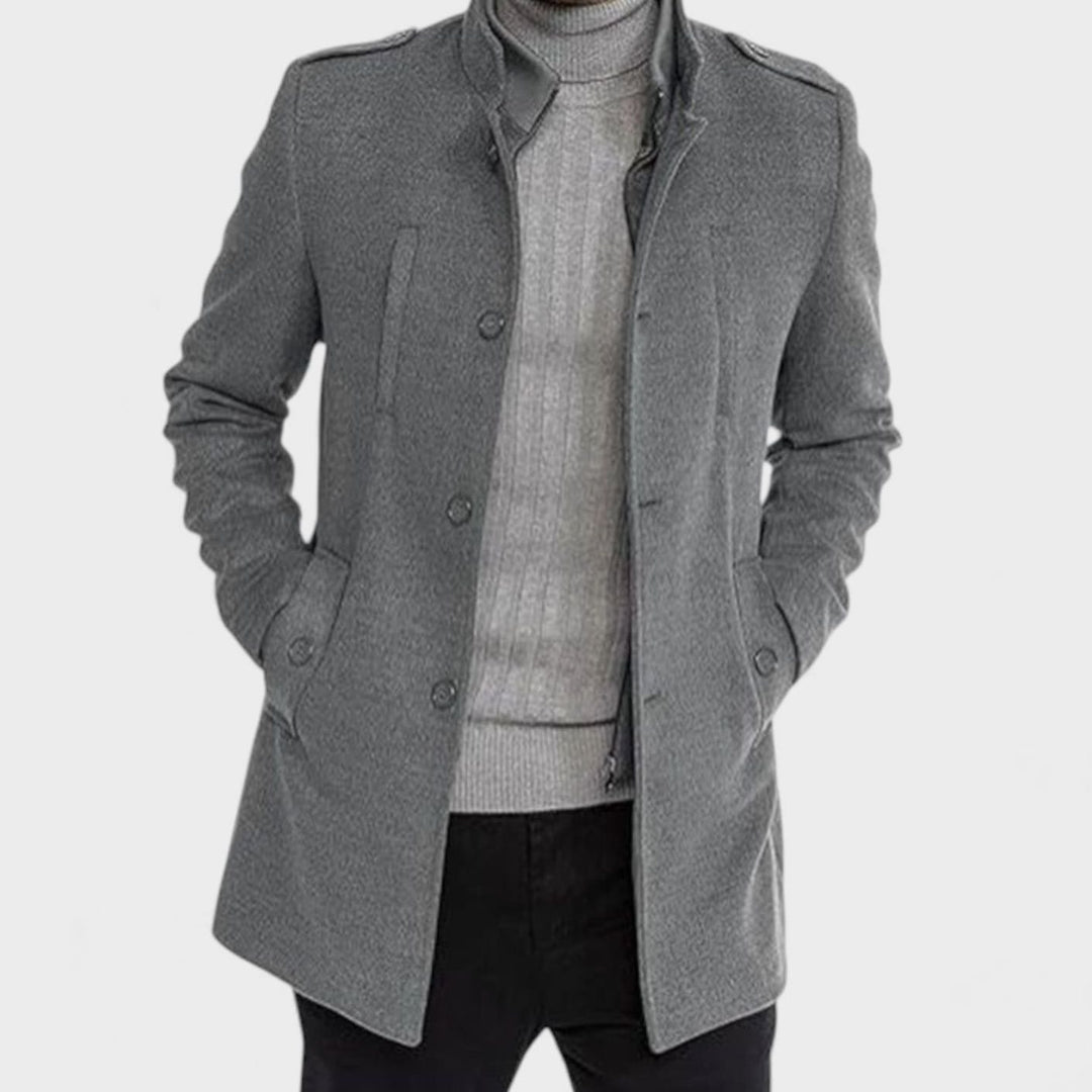 Men's Wool Mid-Length Military-Button Overcoat, Olive Green