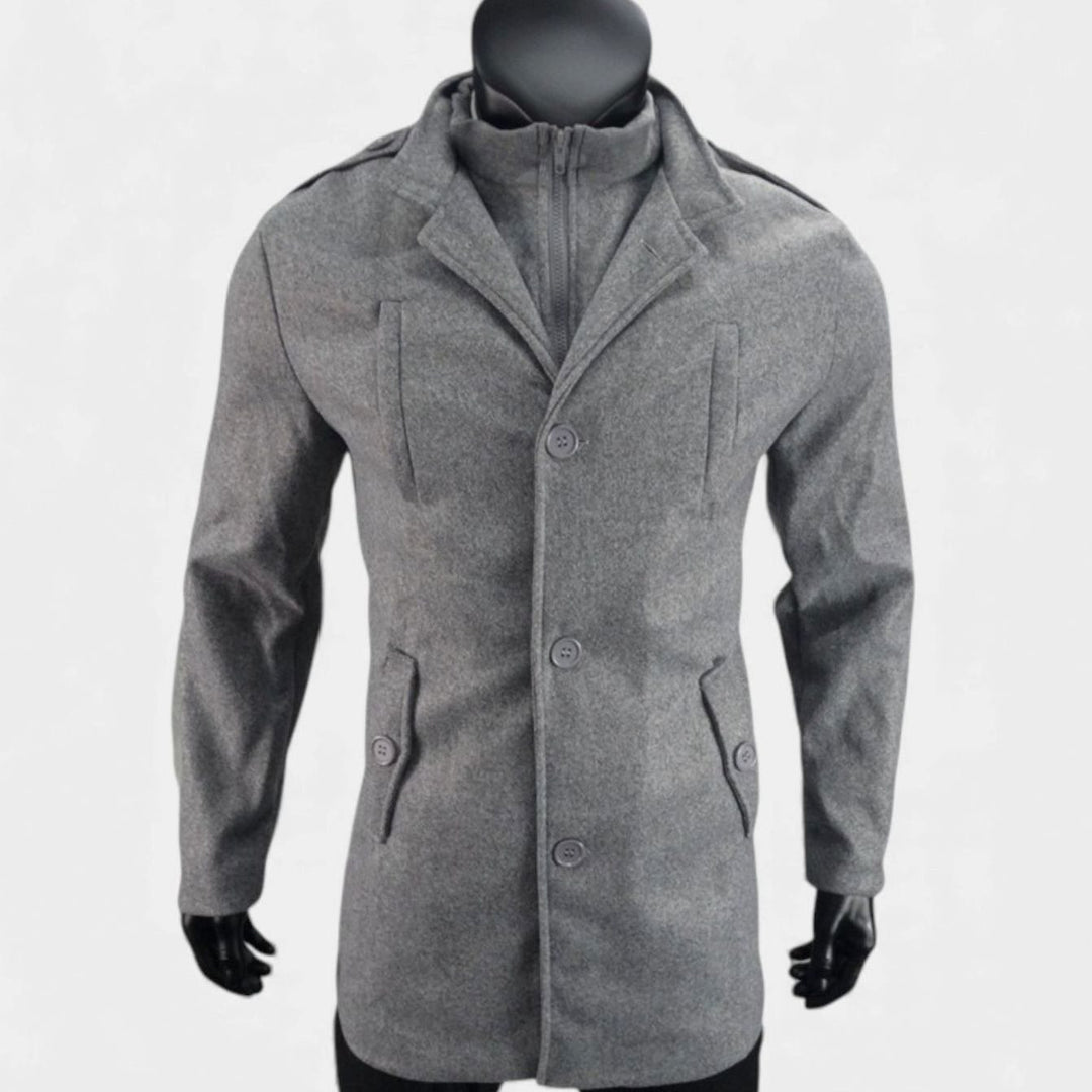 Men's Wool Mid-Length Military-Button Overcoat, Olive Green - Grey