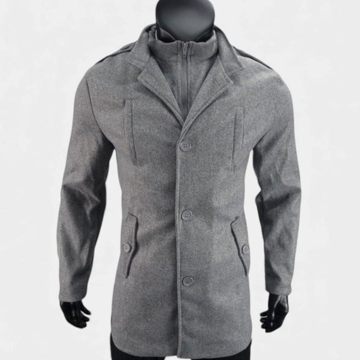 Men's Wool Mid-Length Military-Button Overcoat, Olive Green - Grey
