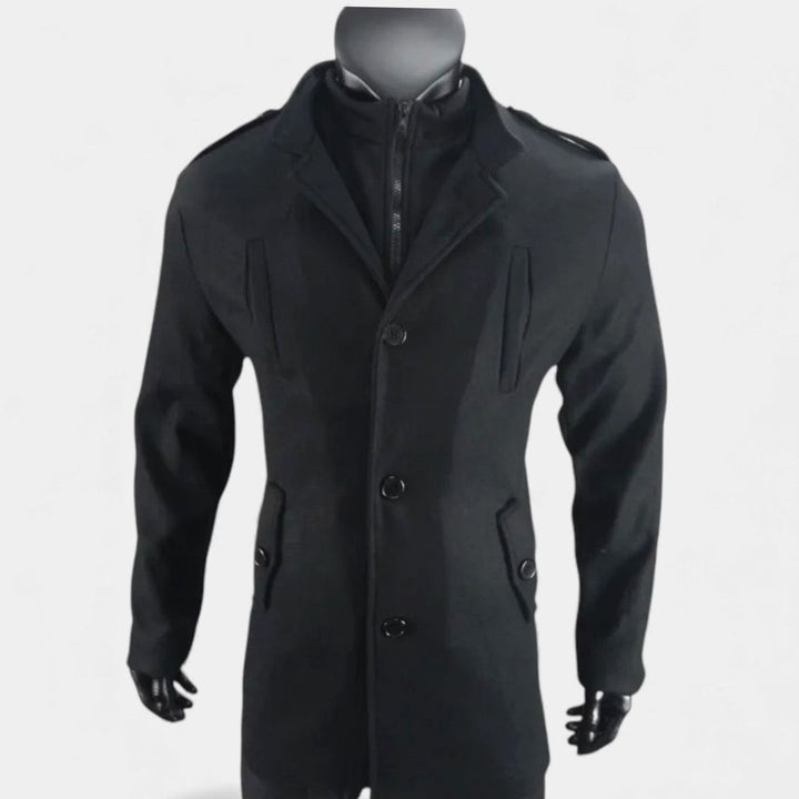 Men's Wool Mid-Length Military-Button Overcoat, Olive Green - Black