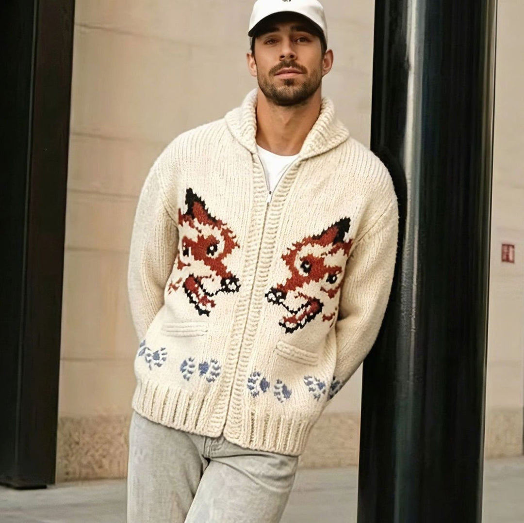 Men's Zip-Up Graphic Wool Knit Cardigan Sweater