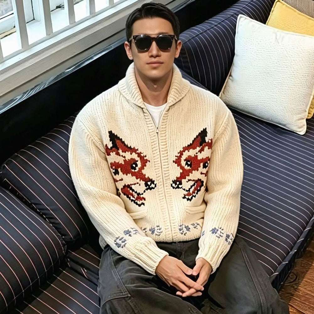 Men's Zip-Up Graphic Wool Knit Cardigan Sweater
