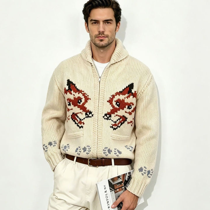 Men's Zip-Up Graphic Wool Knit Cardigan Sweater