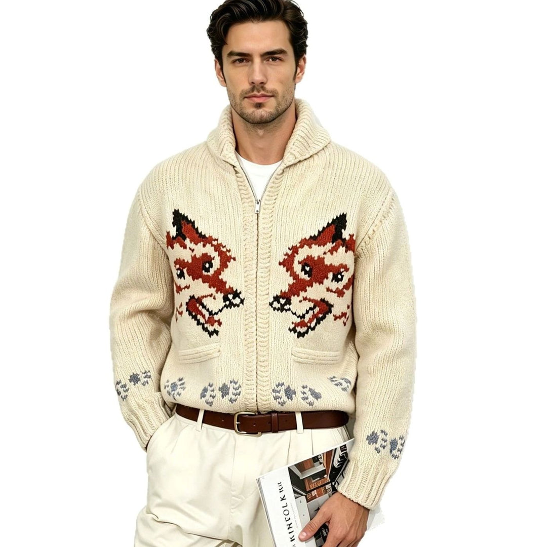 Men's Zip-Up Graphic Wool Knit Cardigan Sweater