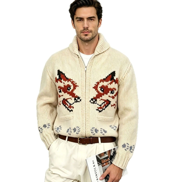 Men's Zip-Up Graphic Wool Knit Cardigan Sweater