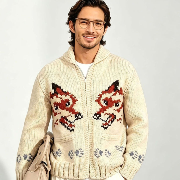 Men's Zip-Up Graphic Wool Knit Cardigan Sweater - Cream