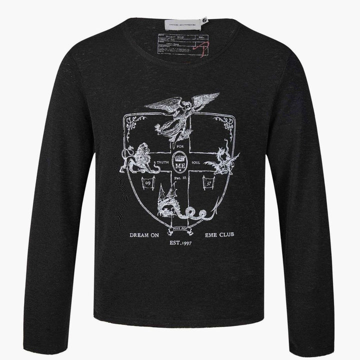 Unisex Crewneck Long-Sleeve Fine Knit Graphic Tee - Black