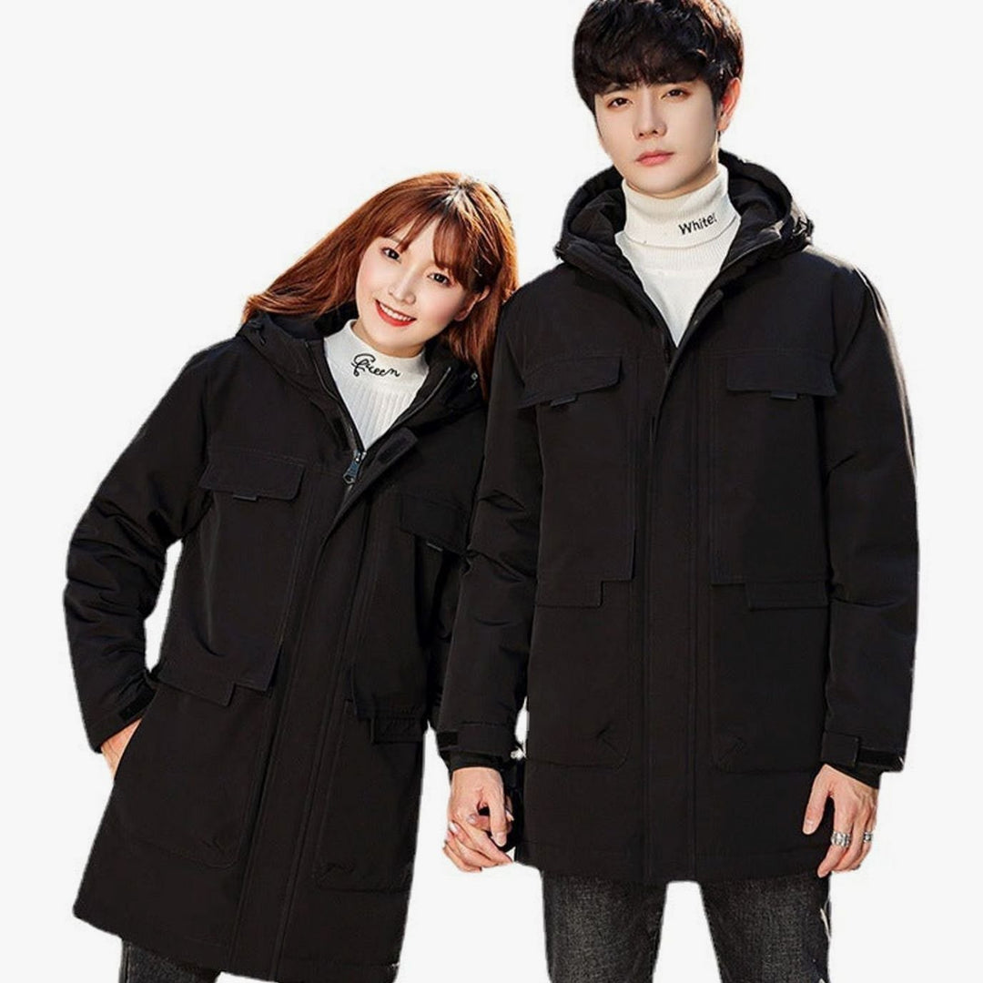 Unisex Long Puffer Winter Jacket Hooded Windproof Multi-Pocket Parka