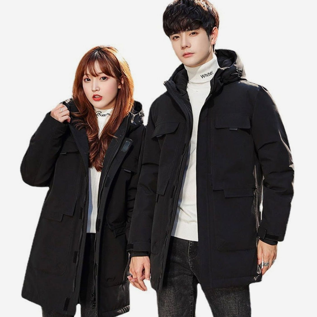 Unisex Long Puffer Winter Jacket Hooded Windproof Multi-Pocket Parka