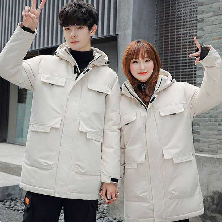 Unisex Long Puffer Winter Jacket Hooded Windproof Multi-Pocket Parka - White