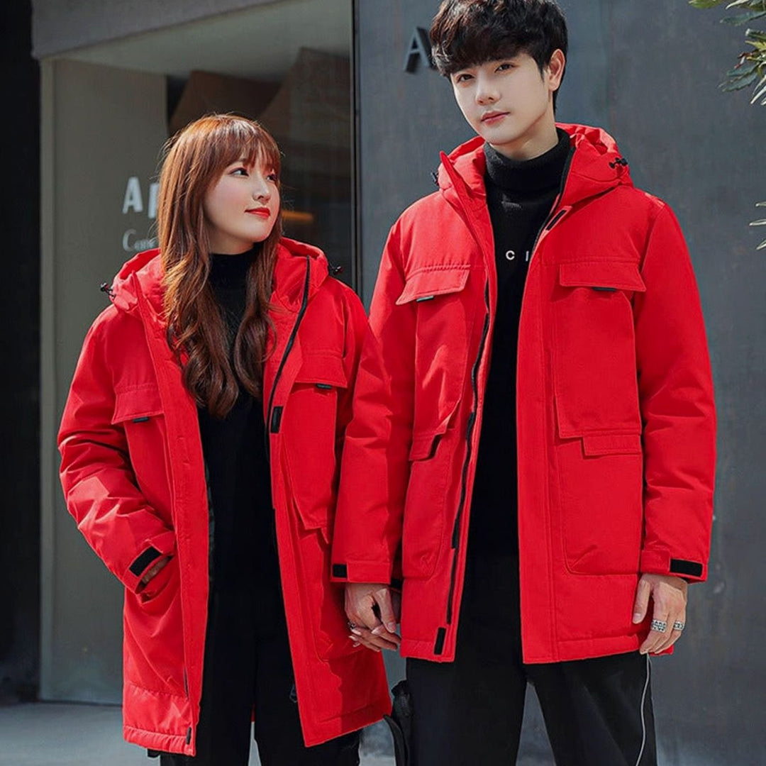 Unisex Long Puffer Winter Jacket Hooded Windproof Multi-Pocket Parka - Red