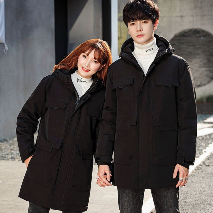 Unisex Long Puffer Winter Jacket Hooded Windproof Multi-Pocket Parka - Black