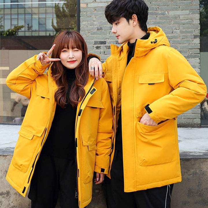 Unisex Long Puffer Winter Jacket Hooded Windproof Multi-Pocket Parka - Yellow