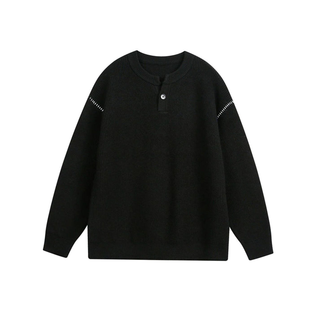 Unisex Oversized Drop-Shoulder Chunky Knit Henley Sweater - Black