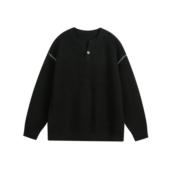 Unisex Oversized Drop-Shoulder Chunky Knit Henley Sweater - Black