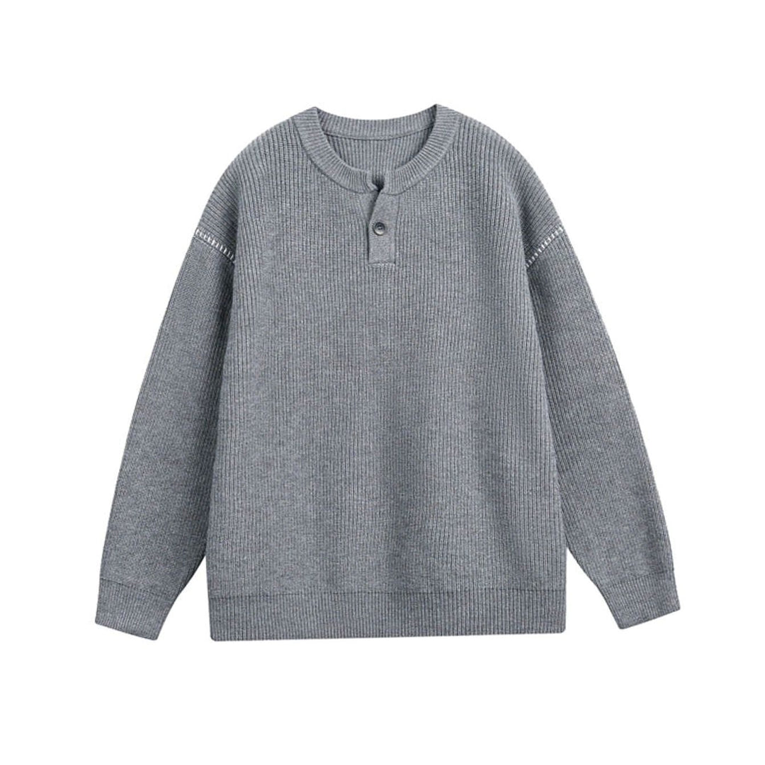 Unisex Oversized Drop-Shoulder Chunky Knit Henley Sweater - Gray