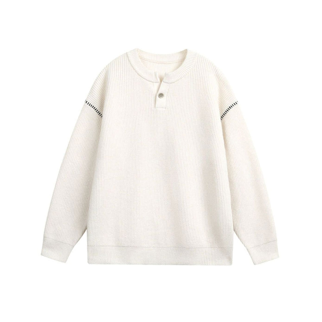 Unisex Oversized Drop-Shoulder Chunky Knit Henley Sweater - Ecru White
