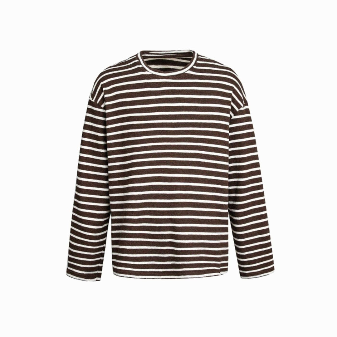 Unisex Oversized Striped Crewneck Long-Sleeve Knit Top - Brown