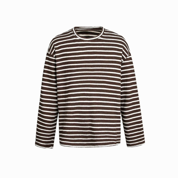 Unisex Oversized Striped Crewneck Long-Sleeve Knit Top - Brown