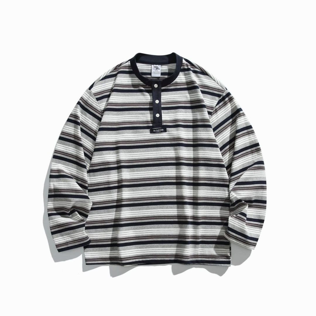 Unisex Oversized Striped Long Sleeve Henley Shirt