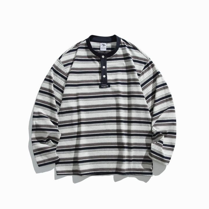 Unisex Oversized Striped Long Sleeve Henley Shirt