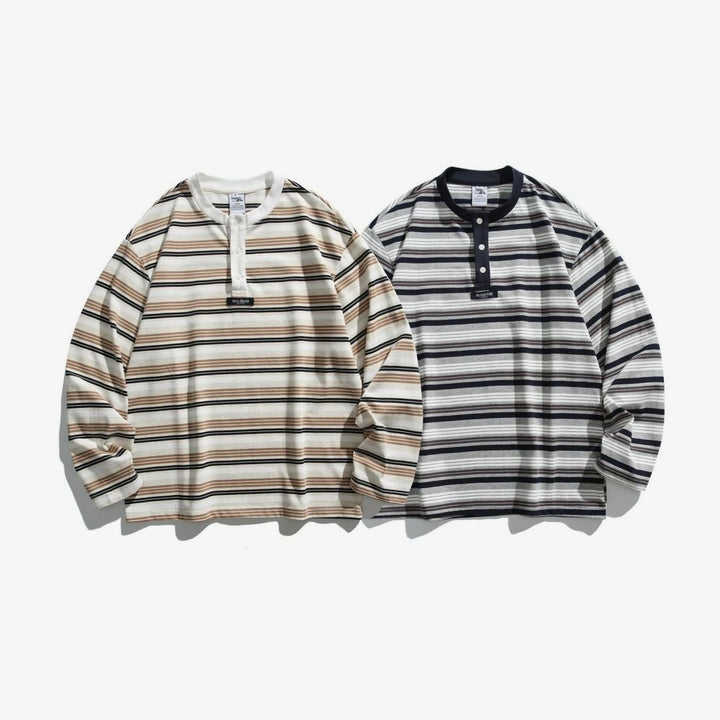 Unisex Oversized Striped Long Sleeve Henley Shirt