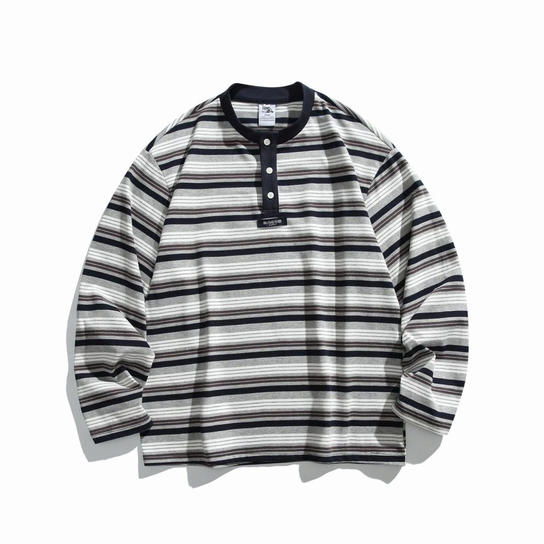Unisex Oversized Striped Long Sleeve Henley Shirt - Dark Blue