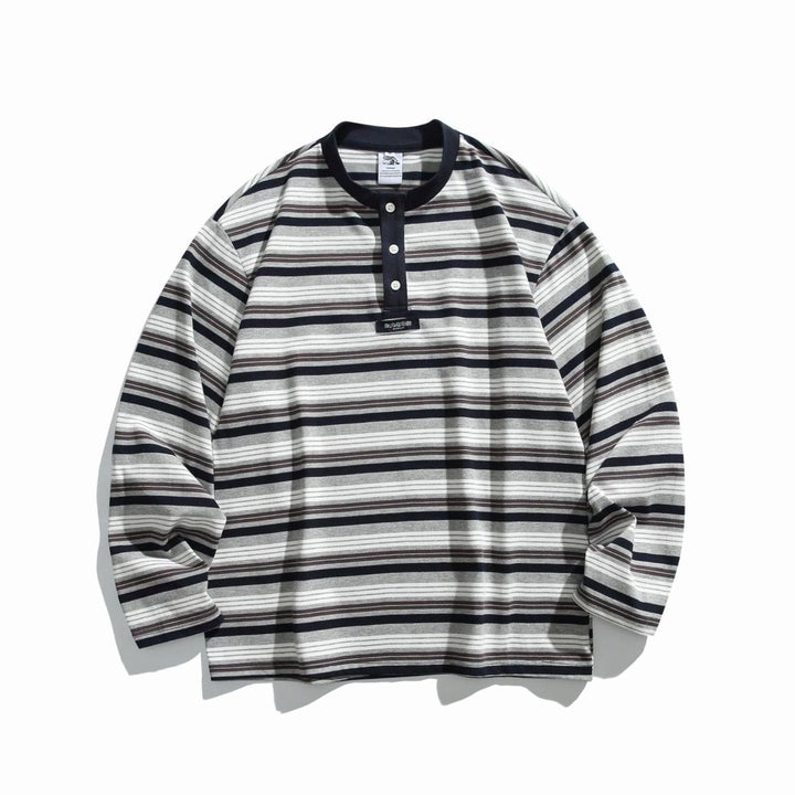 Unisex Oversized Striped Long Sleeve Henley Shirt - Dark Blue