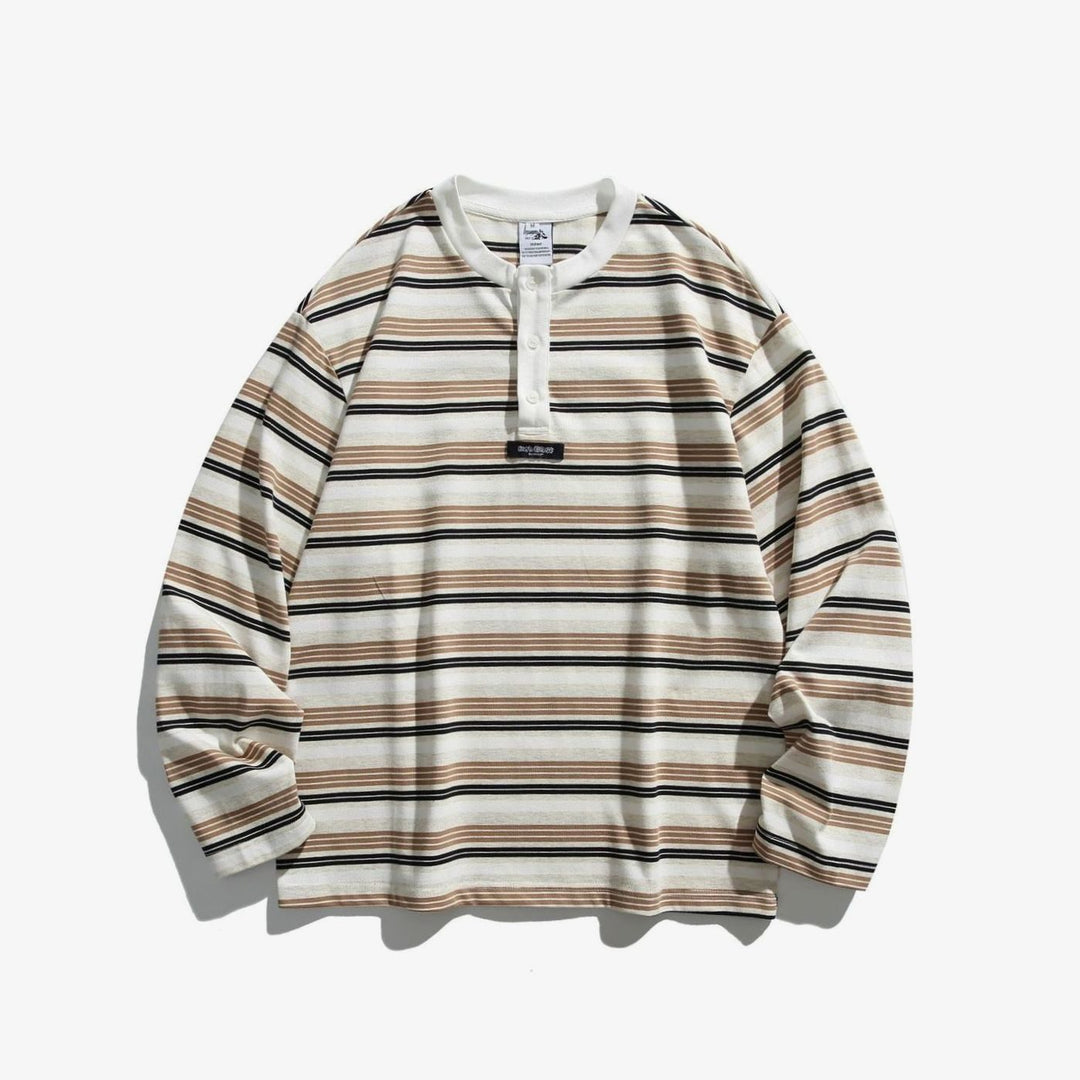 Unisex Oversized Striped Long Sleeve Henley Shirt - Khaki