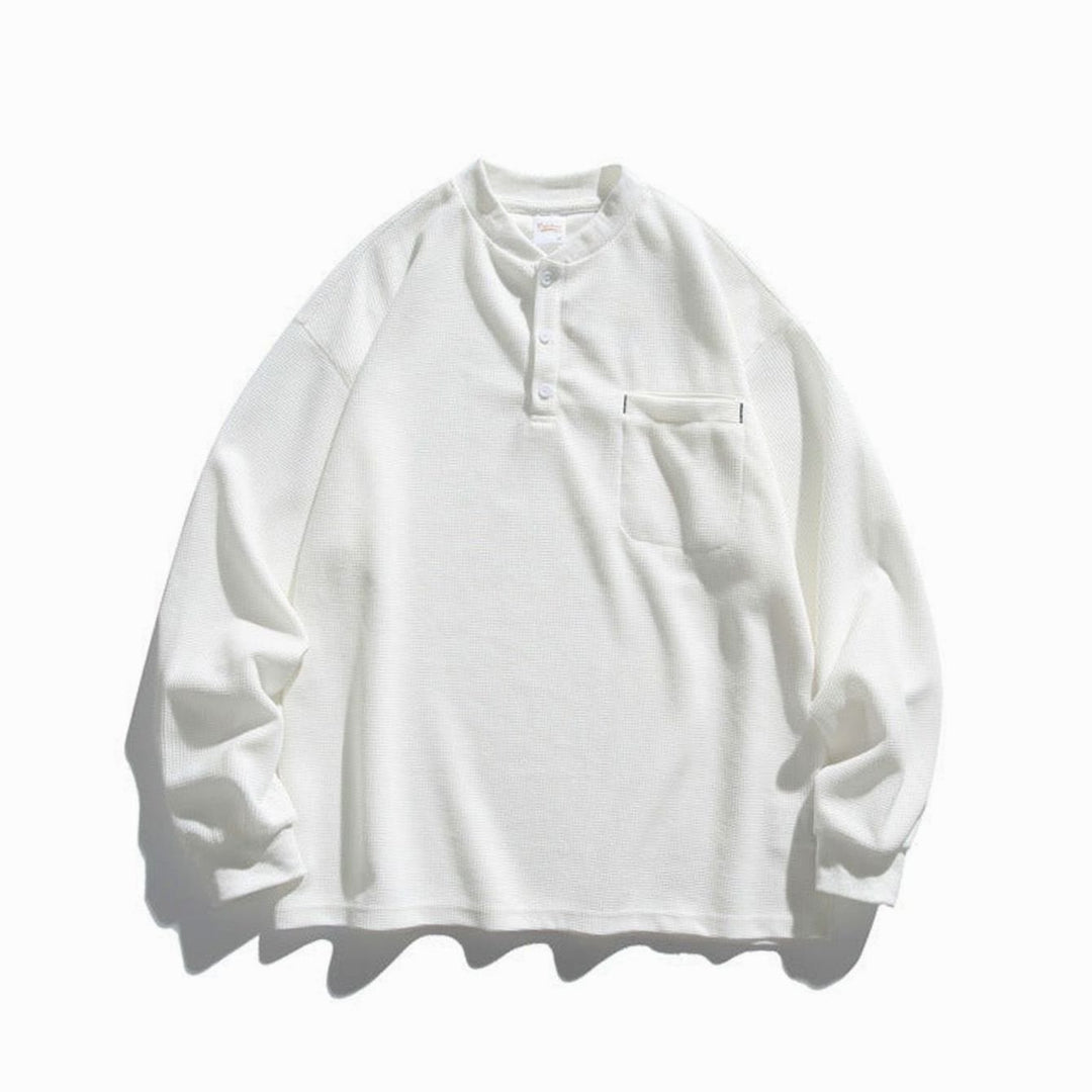 Unisex Oversized Waffle Knit Henley Long Sleeve Raglan Pocket Shirt - White