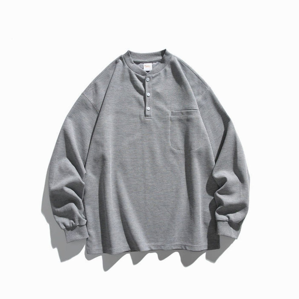Unisex Oversized Waffle Knit Henley Long Sleeve Raglan Pocket Shirt - Gray