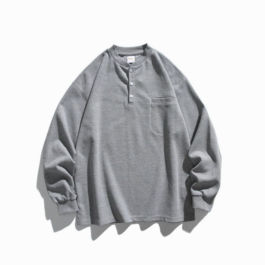 Unisex Oversized Waffle Knit Henley Long Sleeve Raglan Pocket Shirt - Gray