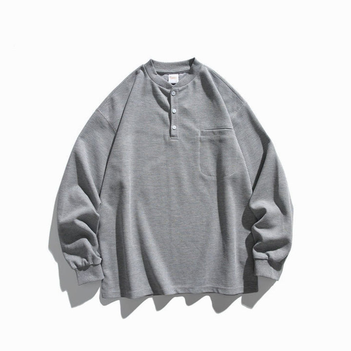 Unisex Oversized Waffle Knit Henley Long Sleeve Raglan Pocket Shirt - Gray