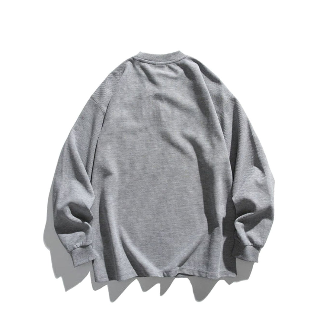 Unisex Oversized Waffle Knit Henley Long Sleeve Raglan Pocket Shirt
