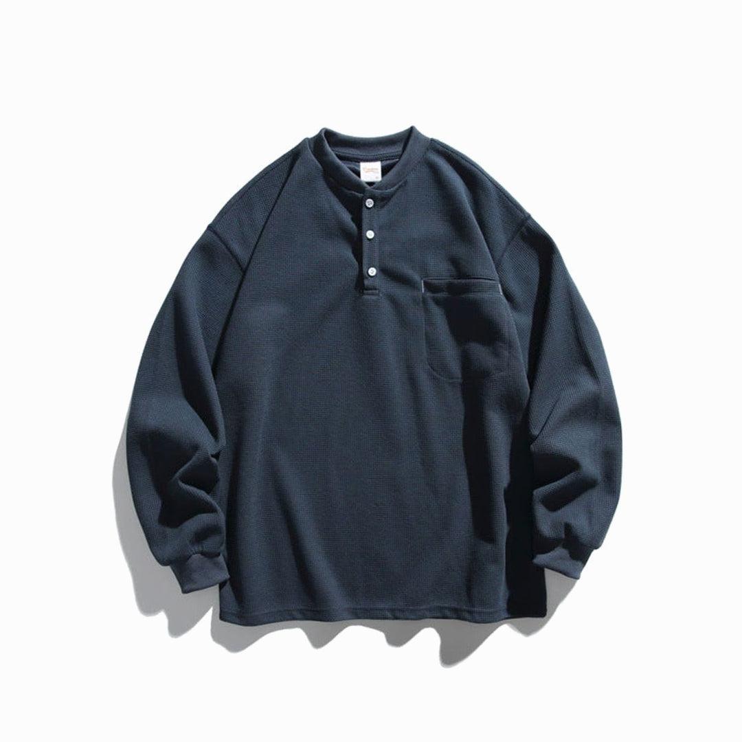 Unisex Oversized Waffle Knit Henley Long Sleeve Raglan Pocket Shirt - Navy Blue