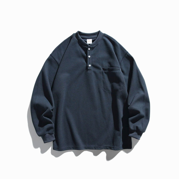 Unisex Oversized Waffle Knit Henley Long Sleeve Raglan Pocket Shirt - Navy Blue