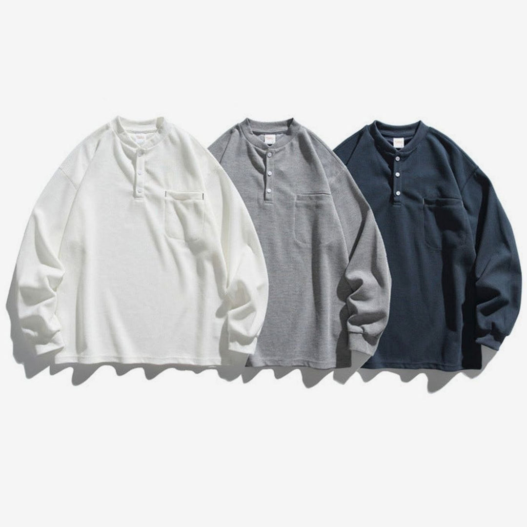 Unisex Oversized Waffle Knit Henley Long Sleeve Raglan Pocket Shirt