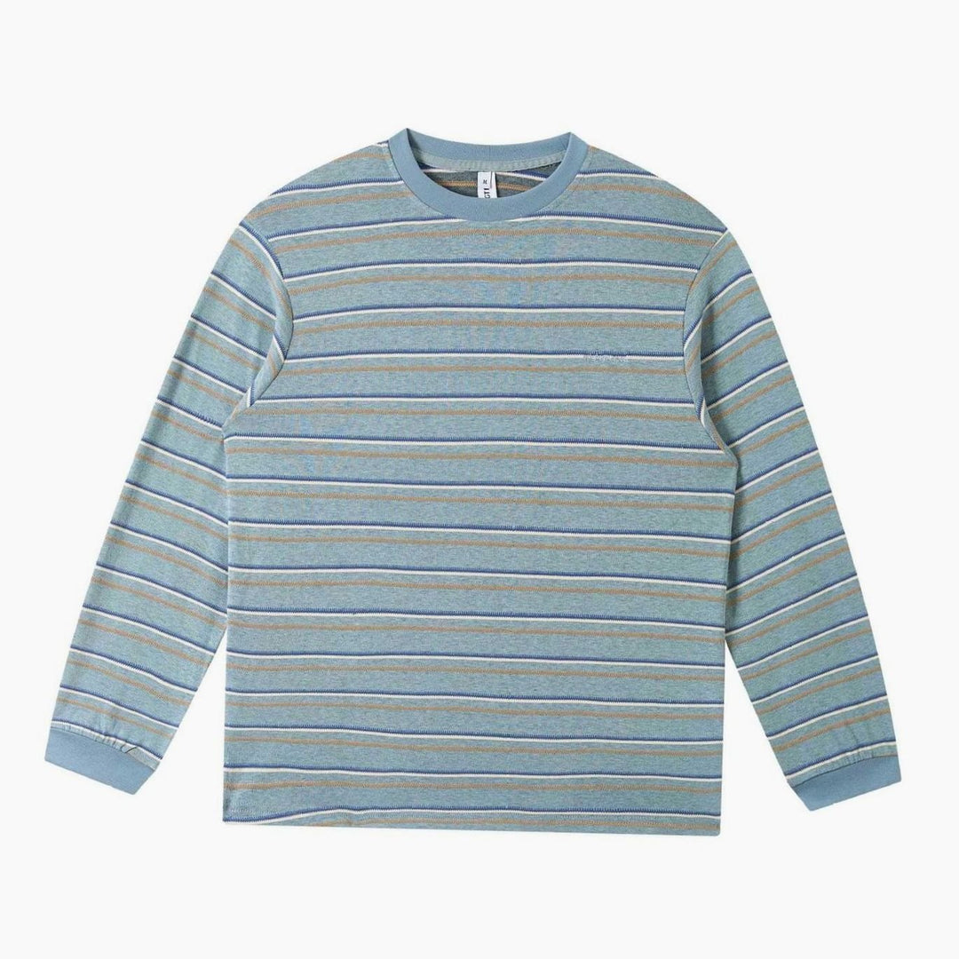 Unisex Striped Fine-Knit Crewneck Long-Sleeve Shirt, Light Blue