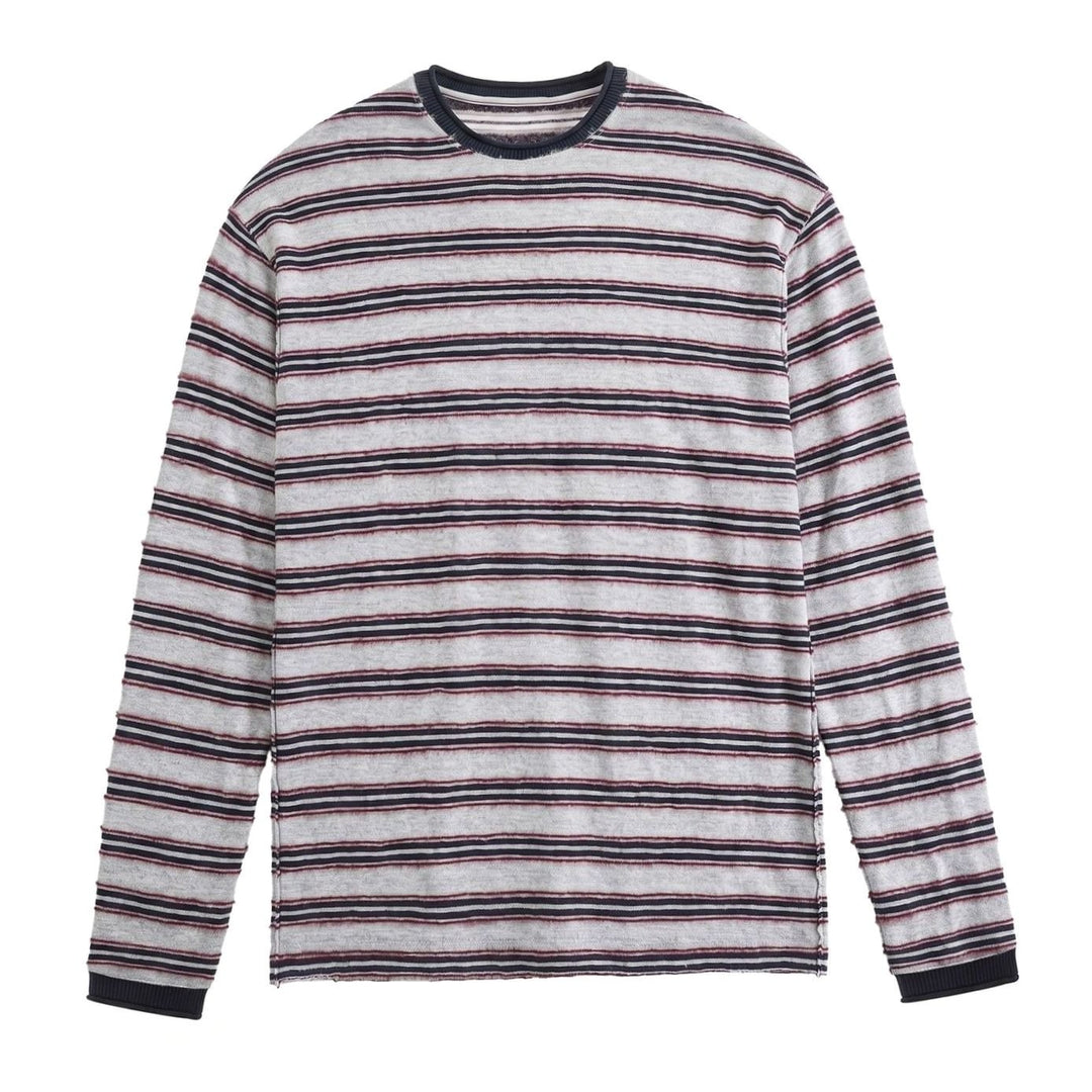 Unisex Striped Fine-Knit Long-Sleeve Crewneck Sweater, Gray