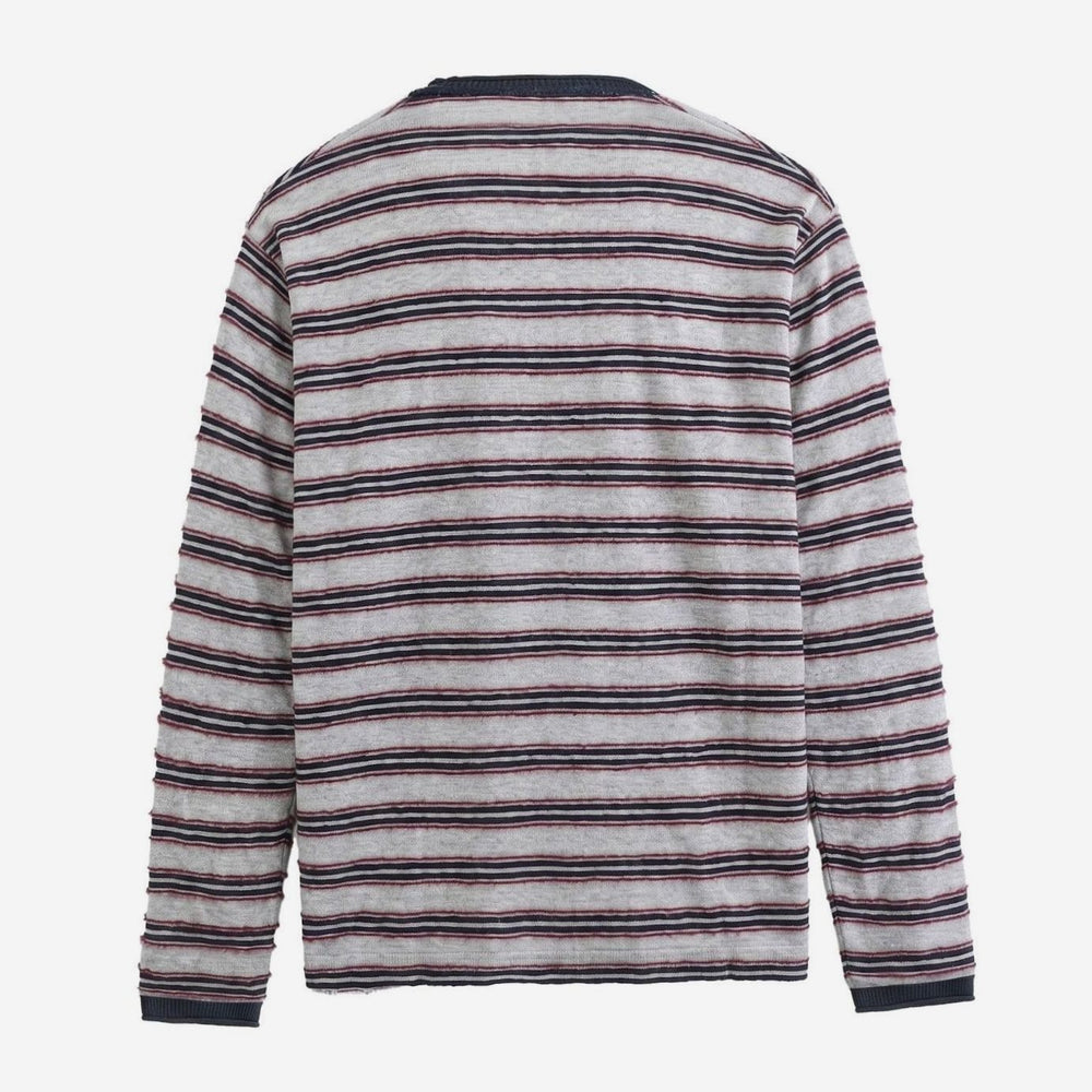 Unisex Striped Fine-Knit Long-Sleeve Crewneck Sweater, Gray