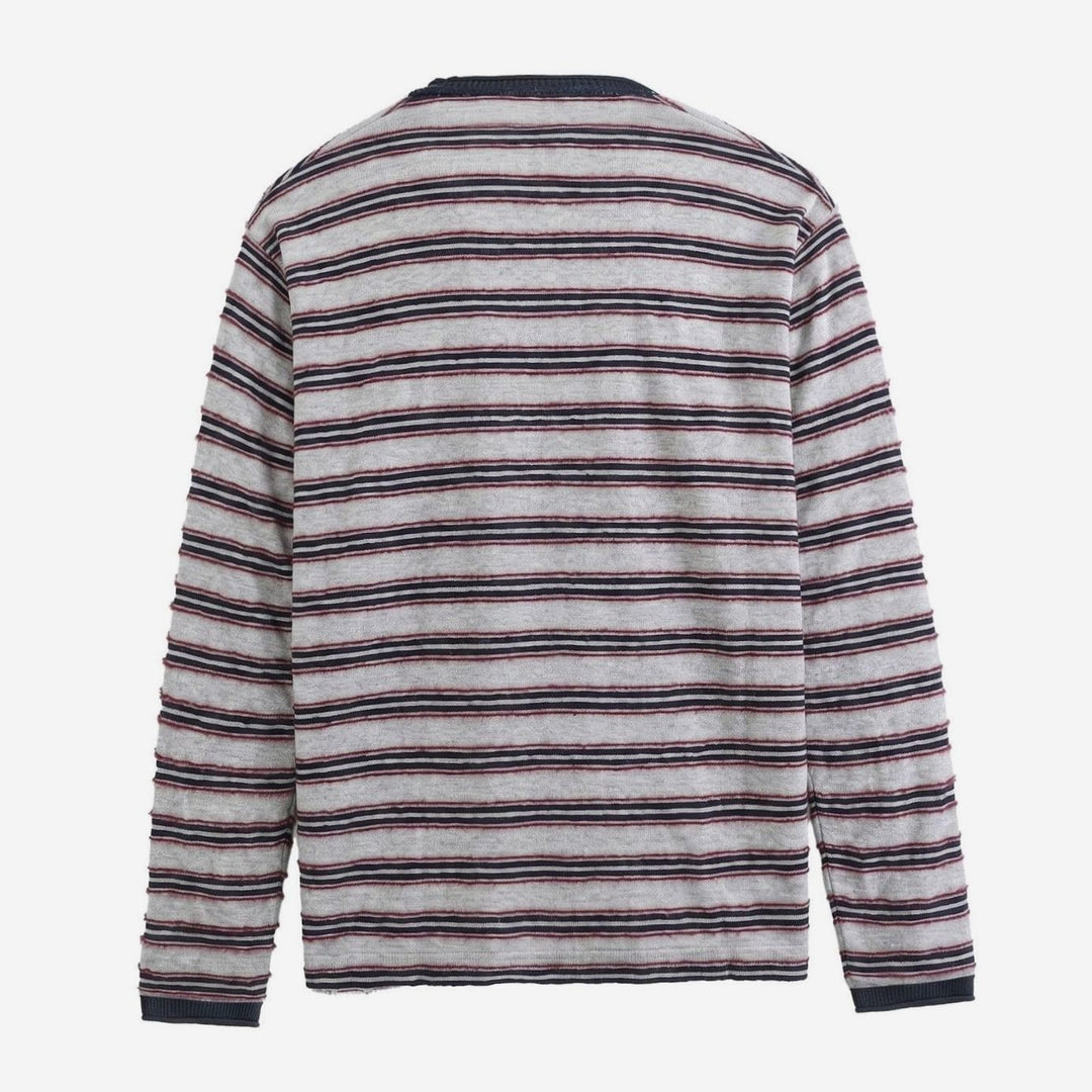 Unisex Striped Fine-Knit Long-Sleeve Crewneck Sweater, Gray