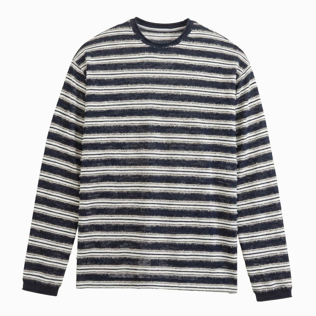 Unisex Striped Fine-Knit Long-Sleeve Crewneck Sweater, Gray