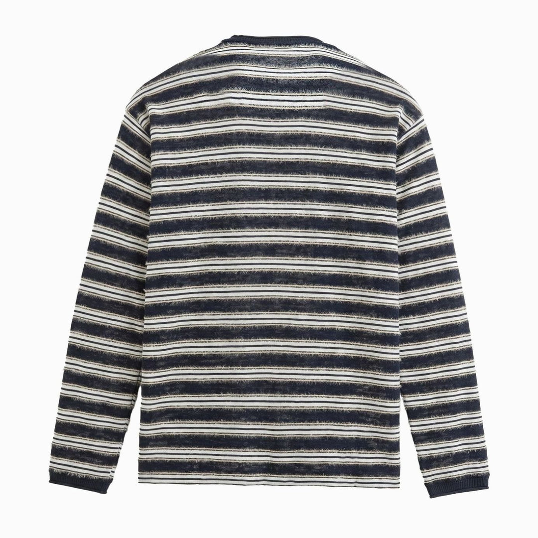 Unisex Striped Fine-Knit Long-Sleeve Crewneck Sweater, Gray